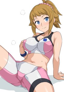 1girl ass bike_shorts blue_eyes breasts brown_hair gundam gundam_build_fighters gundam_build_fighters_try haruhisky highres hoshino_fumina large_breasts looking_at_viewer midriff navel ponytail scrunchie short_hair simple_background solo sports_bra spread_legs sweat two-tone_sports_bra white_background
