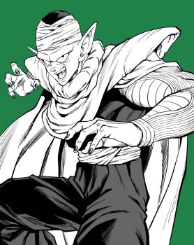 1boy cape commentary dragon_ball dragonball_z fangs furrowed_brow green_background greyscale_with_colored_background hat highres lee_(dragon_garou) male_focus official_style open_mouth piccolo pointy_ears shoulder_pads smile solo toriyama_akira_(style)