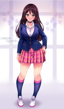 Rule 34 | 1girl, black socks, blue jacket, blush, breasts, brown hair, choker, cleavage, collarbone, commission, earrings, floral background, gradient background, green eyes, grin, hand on own hip, heart, heart earrings, jacket, jewelry, kneehighs, large breasts, light particles, long hair, long sleeves, looking at viewer, nail polish, original, pink nails, pink skirt, plaid clothes, plaid skirt, purple background, school uniform, shirt, shoes, skirt, smile, sneakers, socks, standing, sugarbell, teeth, white shirt, white shoes