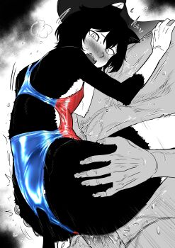 1boy 1girl absurdres alternate_costume animal_ears black_fur black_hair blush body_fur breasts cat_ears cat_girl cat_tail clothed_female_nude_male clothed_sex competition_swimsuit dungeon_meshi erection from_below furry furry_female greyscale hands_on_another&#039;s_hips hands_on_another&#039;s_shoulders hetero highres izutsumi kaiman_garupan lifting_person looking_back mismatched_animal_ear_colors monochrome motion_lines multicolored_swimsuit nose_blush nude one-piece_swimsuit partially_colored penis pussy_juice sex short_hair small_breasts steaming_body suspended_congress sweatdrop swimsuit tail vaginal white_fur