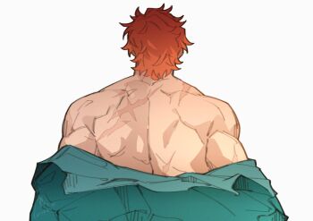 1boy commentary english_commentary fire_emblem fire_emblem:_three_houses green_shirt highres male_focus multiple_scars muscular muscular_male nintendo orange_hair satodee scar scar_on_back scar_on_shoulder shirt shirt_partially_removed short_hair simple_background solo sylvain_jose_gautier sylvain_jose_gautier_(timeskip) upper_body white_background