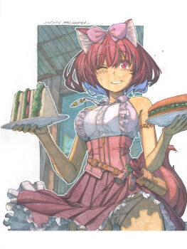 animal_ears arm_ribbon bare_shoulders belt blue_hair blush bob_cut border breasts commentary_request corset dated flower_ornament food fox_girl frilled_skirt frills from_below highres holding holding_plate indoors jewelry large_breasts making-of_available marker_(medium) meiz multicolored_hair necklace nib_pen_(medium) nib_pen_(object) one_eye_closed original outline painting_(medium) panties pantyshot parted_lips pen pen_(medium) plate pouch raised_eyebrows red_eyes red_hair ribbon sandwich shikishi shirt signature skirt sleeveless sleeveless_shirt standing sweatdrop thick_thighs thigh_gap thighs traditional_media two-tone_hair underwear waitress watercolor_(medium) white_border white_outline white_panties