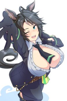 Rule 34 | 1girl, ;d, ahoge, alternate breast size (larger), animal ears, arm up, belt, black gloves, black hair, black jacket, black necktie, black pants, black shoes, blue eyes, breasts, brown belt, center frills, cleavage, collared shirt, commentary request, ear ornament, ear piercing, flats, frilled shirt, frills, fuji kiseki (shooting star revue) (umamusume), fuji kiseki (umamusume), gloves, highres, horse ears, horse girl, horse tail, jacket, large breasts, long sleeves, looking at viewer, multicolored hair, necktie, one eye closed, open clothes, open jacket, open mouth, pants, piercing, shadow, shirt, shoes, short hair, sidelocks, simple background, smile, solo, standing, standing on one leg, tail, teeth, umamusume, underbust, upper teeth only, white background, white hair, white shirt, youbokukirana