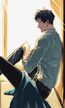 1boy absurdres belt black_hair black_pants brown_belt closed_mouth collared_shirt commentary_request fate/grand_order fate_(series) fingernails from_side grey_shirt highres indoors long_sleeves male_focus mimino_mimizu9 pants saitou_hajime_(fate) shirt short_hair sitting solo tatami