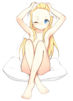 1girl barefoot beatrice_(re:zero) blonde_hair blue_eyes blush collarbone commentary_request completely_nude drying drying_hair drying_own_hair holding holding_towel lolittleboy long_hair nude one_eye_closed pillow re:zero_kara_hajimeru_isekai_seikatsu solo towel
