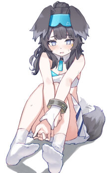 1girl absurdres animal_ears black_hair blue_archive blue_eyes blush cheerleader commentary_request dog_ears dog_girl dog_tail feet goggles goggles_on_head hibiki_(blue_archive) hibiki_(cheer_squad)_(blue_archive) highres legs long_hair looking_at_viewer millennium_cheerleader_outfit_(blue_archive) niji_(user_gaxk2333) official_alternate_costume open_mouth presenting_foot simple_background sitting skirt socks soles solo star_(symbol) star_sticker sticker sticker_on_face sweatdrop tail white_background white_socks