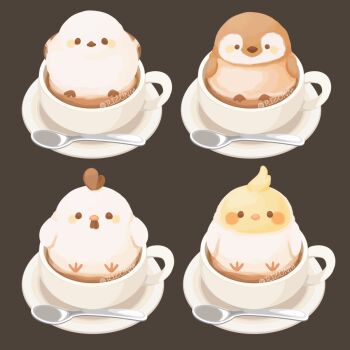 animal-themed_food cappuccino coffee_mug commentary_request cup drink food_focus grey_background latte_art mug no_humans original rizu_(rizunm) saucer simple_background spoon