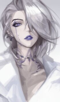 1girl absurdres alternate_costume bleeding blood blood_on_cheek blood_on_face chinese_commentary collarbone collared_shirt commentary cuts ear_piercing eyeliner eyeshadow forehead grey_background grey_hair hair_over_one_eye highres injury kong_tiao_bo_zi looking_at_viewer makeup medium_hair neck_tattoo one_eye_covered parted_lips path_to_nowhere piercing portrait purple_blood purple_eyes purple_eyeshadow purple_lips shirt signature solo straight-on tattoo white_shirt zoya_(path_to_nowhere)