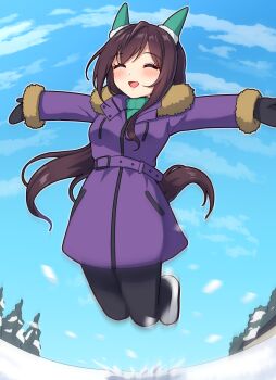 1girl ^_^ animal_ears blue_sky brown_hair closed_eyes cloud coat commentary_request day happy highres horse_ears horse_girl horse_tail jumping long_hair long_sleeves mejiro_dober_(umamusume) open_mouth outdoors outstretched_arms purple_coat revision sky smile snow tail takiki umamusume