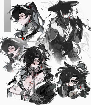Rule 34 | 1boy, absurdres, asymmetrical bangs, bandaged hand, bandages, bite mark, bite mark on neck, black choker, black eyes, black hair, black headband, blush, chibi, chibi inset, chinese clothes, choker, closed eyes, closed mouth, collarbone, covering own mouth, cowboy shot, fur trim, ge ge yu, hat, headband, highres, holding, holding sword, holding weapon, long hair, looking at viewer, male focus, multiple views, one eye covered, original, pale skin, parted bangs, pectorals, ponytail, profile, scar, scar on face, speech bubble, sword, upper body, weapon
