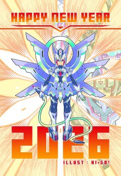 1girl 2026 android animal_ears armor artist_name breasts chinese_zodiac commentary_request full_body happy_new_year helmet hi-go! horse_ears horse_girl mecha new_year original robot white_armor white_helmet year_of_the_horse