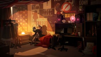 1girl absurdres akuma_nihmune asymmetrical_legwear bandaid bandaid_on_leg baseball_bat bed bed_sheet black_dress black_jacket black_socks black_thighhighs blue_skirt boots bow broken_heart broken_heart_hair_ornament brown_hair cable can chair commentary computer computer_tower copyright_request cup curtains day desk_lamp disturbed_(band) doll dress electric_guitar english_commentary evil_neuro-sama fumo_(doll) guitar hair_between_eyes hair_bow headphones heart highres holding holding_doll horns indie_virtual_youtuber indoors instrument jacket keshink knife lamp light_blush light_rays long_sleeves monitor muse_(band) neuro-sama nirvana_(band) no_shoes otjareniy pasharuu phonograph pillow pizza_box plasma_globe plate pleated_skirt poster_(object) power_strip radiohead_(band) record_jacket red_bow red_eyes restriction_sign sabaton_(band) shelf shirt sitting skillet_(band) skirt socks solo speaker sunbeam sunlight thighhighs troobsart two_side_up uneven_legwear union_jack unworn_dress vinyl_record virtual_youtuber warm_fireplace webcam white_shirt wide_shot yodragon