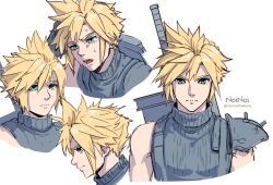 Rule 34 | 1boy, aqua eyes, armor, artist name, blonde hair, buster sword, closed eyes, cloud strife, earrings, facing viewer, final fantasy, final fantasy vii, final fantasy vii rebirth, final fantasy vii remake, furrowed brow, grey shirt, hair between eyes, highres, jewelry, male focus, multiple views, noinoichebura, open mouth, portrait, profile, shirt, short hair, shoulder armor, single bare shoulder, single earring, single shoulder pad, sleeveless, sleeveless turtleneck, solo, spiked hair, suspenders, sweatdrop, turtleneck, twitter username, upper body, weapon, weapon on back, white background