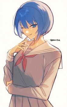 Rule 34 | 1girl, ;), absurdres, arm under breasts, blue eyes, blue hair, bob cut, breasts, collarbone, commentary, finger to own chin, grey serafuku, grey shirt, grey skirt, hair between eyes, hand up, hatori naco, highres, kiritani haruka, long sleeves, looking at viewer, miyamasuzaka girls' academy school uniform, neckerchief, one eye closed, parted lips, pleated skirt, project sekai, red neckerchief, sailor collar, school uniform, serafuku, shirt, short hair, sidelocks, simple background, skirt, small breasts, smile, solo, standing, symbol-only commentary, tsurime, twitter username, upper body, white sailor collar, yellow background