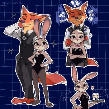 1boy 1girl animal_ears barefoot black_leotard blue_background bow bowtie cocktail_glass commentary_request cup drinking_glass ears_down fox_boy furry furry_female furry_male grey_fur grid_background highres holding holding_tray judy_hopps leotard nick_wilde open_collar orange_fur pantyhose playboy_bunny rabbit_ears rabbit_girl strapless strapless_leotard tomoe00022 tray zootopia