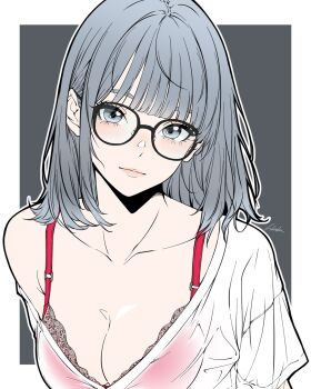 1girl bambi_surprise bra breasts cleavage commentary english_commentary glasses grey_eyes grey_hair highres looking_at_viewer medium_breasts medium_hair original red_bra see-through_clothes see-through_shirt shirt signature solo underwear upper_body white_shirt