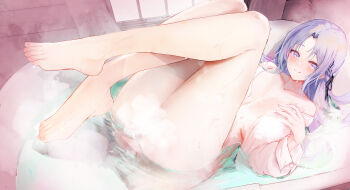 1girl absurdres alsace_(azur_lane) alternate_costume azur_lane bare_shoulders bath bathing blush braid breasts collarbone commentary_request convenient_censoring heart heart-shaped_pupils highres huge_breasts indoors legs legs_up long_hair looking_at_viewer lying naked_shirt off_shoulder on_back open_clothes open_shirt partially_submerged pink_pupils pink_shirt purple_eyes purple_hair shirt side_braid solo suo_bu_ye_feng symbol-shaped_pupils thighs toenails toes water