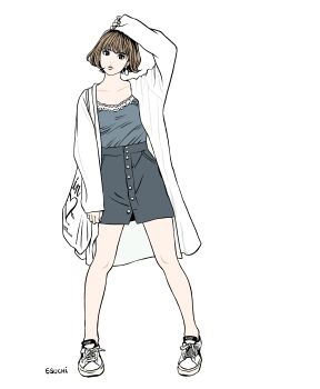 1girl absurdres aqua_nails arm_up bag bare_legs blue_camisole brown_eyes brown_hair camisole collarbone earrings eguchi_hisashi eyelashes full_body grey_skirt head_tilt highres holding holding_bag jewelry legs_apart long_sleeves looking_at_viewer original parted_lips pigeon-toed pink_lips shoes short_hair signature simple_background skirt sleeves_past_wrists sneakers solo standing tote_bag white_background white_bag white_shoes