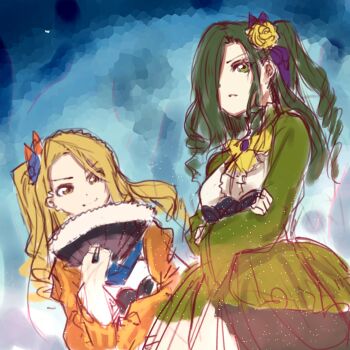 2girls bad_id bad_twitter_id blonde_hair dorothee_(grimms_notes) green_hair grimms_notes hand_fan highres holding holding_fan multiple_girls noemie_(grimms_notes) parted_lips smile teeth viuiachan