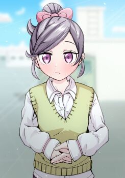 1girl :/ blurry blurry_background bow commentary_request grey_hair hair_bow high_ponytail interlocked_fingers kimi_no_koto_ga_dai_dai_dai_dai_daisuki_na_100-nin_no_kanojo momi_momiji ponytail purple_hair shirt sleeves_past_wrists solo swept_bangs tsumeshi_nana untucked_shirt vest yellow_vest
