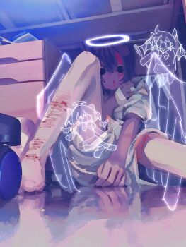 1girl adip0cere assault_rifle barefoot black_hair chibi chibi_inset commentary_request curled_up full_body gun halo hand_on_own_arm highres knee_up looking_at_viewer original pants rifle self-harm shirt short_hair sitting sleeves_rolled_up solo thigh_cutting under_table weapon white_pants white_shirt white_wings wide-eyed wings wrist_cutting