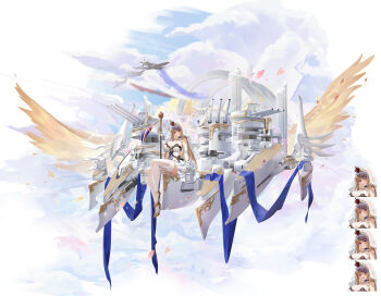 1girl absurdres alternate_costume bird blonde_hair blue_eyes breasts bridal_veil commentary_request crown dodo1996 dove dress elbow_gloves feathered_wings flying full_body gloves gold_scepter gold_shoes high_heels highres jeweled_scepter large_breasts lion_(warship_girls_r) long_hair mini_crown rigging scepter shoes sitting solo thighhighs union_jack veil very_long_hair warship_girls_r wedding_dress white_bird white_dress white_gloves white_thighhighs wings