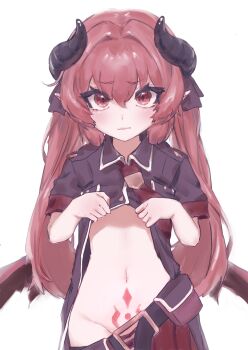 1girl belt belt_pouch black_belt black_shirt blue_archive blush brown_belt choppy_bangs closed_mouth clothes_lift commentary_request cowboy_shot demon_girl demon_horns demon_wings flat_chest groin hair_between_eyes halo highres horns junko_(blue_archive) lifting_own_clothes long_hair looking_at_viewer navel necktie okubatomaeba petite pointy_ears pouch pubic_tattoo red_eyes red_hair red_necktie shirt shirt_lift short_sleeves simple_background slit_pupils solo stomach tattoo white_background wings