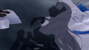 1boy 1girl black_skirt blue_archive bra clothes_on_floor commentary condom cum dress_shirt flask_kinoko girl_on_top highres holding_hands implied_sex jacket lace lace-trimmed_bra lace-trimmed_panties lace_trim noa_(blue_archive) open_clothes open_jacket panties shadow shirt skirt symbol-only_commentary underwear unworn_bra unworn_clothes unworn_jacket unworn_panties unworn_shirt unworn_skirt used_condom white_bra white_jacket white_panties white_shirt