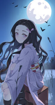 1girl absurdres black_hair black_socks box checkered_sash closed_mouth forehead hair_ribbon harutatsunoki highres hugging_own_legs japanese_clothes kamado_nezuko kimetsu_no_yaiba kimono long_hair looking_at_viewer obi on_box purple_eyes purple_ribbon red_sash ribbon sash sidelocks sitting sitting_on_box smile socks solo white_kimono