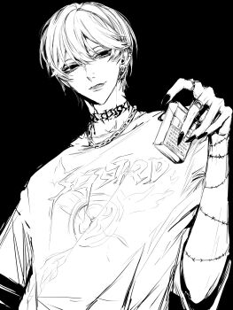 1boy black_background chain chain_necklace cigarette_pack double-parted_bangs fingernails greyscale hair_between_eyes highres holding holding_cigarette_pack jewelry looking_at_viewer male_focus monochrome necklace original parted_lips short_hair short_sleeves simple_background sketch solo teeniika upper_body