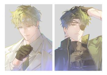 2boys babohogu black_coat black_gloves black_hair black_necktie black_shirt blonde_hair brown_eyes character_request chest_belt coat collared_shirt cross_scar curtained_hair eyepatch gloves grin gwechul hair_between_eyes hand_on_own_head high_collar highres looking_at_viewer male_focus multiple_boys necktie popped_collar portrait scar scar_on_arm scar_on_face shirt smile vest white_coat white_shirt white_vest zipper