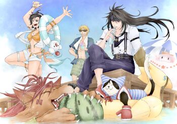 1girl 2boys alternate_costume animal animal_earrings ball barefoot beach beach_umbrella beachball bikini black_hair black_headband black_necktie black_pants blonde_hair blue_bodysuit bodysuit bottle breasts cait_sith_(final_fantasy) cat chocobo cid_highwind collarbone crossed_legs eyewear_on_head facial_mark final_fantasy final_fantasy_vii final_fantasy_vii_ever_crisis flower flower_necklace gloves hair_between_eyes hand_on_own_hip headband highres holding holding_bottle holding_shaved_ice holding_swim_ring innertube jewelry lei long_hair medium_breasts midriff moogle msa_mne multiple_boys necklace necktie official_alternate_costume open_clothes open_fly open_mouth open_shirt orange_bikini outdoors pants red_eyes red_gloves red_hair red_xiii shirt shorts smile spiked_hair striped_bodysuit striped_male_swimwear sunglasses suspenders swim_ring swimsuit thigh_strap towel towel_around_neck tuxedo_cat umbrella utensil_in_mouth vincent_valentine vincent_valentine_(formal_attire) watermelon_beachball white_shirt white_shorts yuffie_kisaragi yuffie_kisaragi_(summer_moogle)