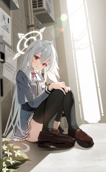 1girl absurdres black_thighhighs blue_archive blurry blush bokeh brown_shoes commentary_request condenser_unit day depth_of_field frilled_skirt frills grey_serafuku grey_shirt grey_skirt hair_between_eyes halo head_tilt head_wings highres knees_together_feet_apart knees_up light_particles loafers long_hair looking_at_viewer mole mole_under_eye neckerchief poster_(object) red_eyes sailor_collar school_uniform serafuku shirt shoes sikimosh single_head_wing single_wing skirt smile solo striped_neckerchief suzumi_(blue_archive) thighhighs thighs very_long_hair white_hair white_halo white_sailor_collar wings zettai_ryouiki