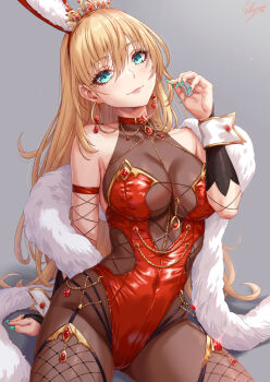 1girl animal_ears aqua_eyes artist_name bare_shoulders blonde_hair bodysuit breasts bridal_gauntlets brown_bodysuit closed_mouth commentary_request earrings fake_animal_ears feather_boa green_nails grey_background hair_ornament hairband hand_up highleg highleg_leotard highres jewelry large_breasts leotard long_hair looking_at_viewer nail_polish original playboy_bunny rabbit_ears red_hairband red_leotard sakiyamama simple_background smile solo