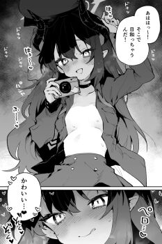 1girl blue_archive camera chiaki_(blue_archive) greyscale japanese_text looking_at_viewer monochrome no_bra rimukoro solo speech_bubble tongue tongue_out twitter