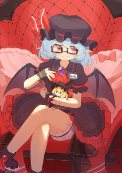 1girl absurdres alternate_color ascot bat_wings bespectacled black_boots black_hat black_shirt black_skirt bloomers blue_hair blush boots brooch character_doll closed_mouth collared_shirt commentary_request commission crossed_legs doll edamanecha flandre_scarlet frilled_shirt_collar frills glasses hat hat_ribbon highres jewelry looking_at_viewer mob_cap pointy_ears puffy_short_sleeves puffy_sleeves rectangular_eyewear red_ascot red_eyes red_nails remilia_scarlet remilia_scarlet_(tiny_devil_mistress) ribbon shirt short_sleeves sitting skeb_commission skirt skirt_set smile smug touhou touhou_lostword underwear white_bloomers wings wrist_cuffs