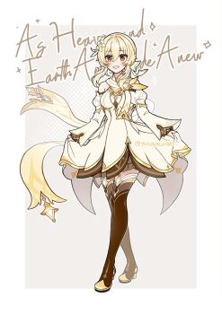 Rule 34 | 1girl, blonde hair, boots, border, bow, brown boots, commentary, detached sleeves, dress, earrings, english commentary, flower, full body, genshin impact, grey background, grin, hair between eyes, hair bow, hair flower, hair ornament, high heel boots, high heels, highres, jewelry, long sleeves, looking at viewer, lumine (as heaven and earth are made anew) (genshin impact), lumine (genshin impact), official alternate costume, scarf, short hair with long locks, simple background, single earring, skirt hold, smile, solo, thigh boots, twitter username, white border, white bow, white dress, white flower, white scarf, yellow eyes, yukina-chi