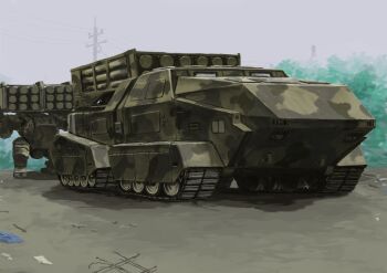 camouflage caterpillar_tracks front_mission highres mecha military military_vehicle multiple_launch_rocket_system no_humans outdoors robot tyokugekidato vehicle_focus woodland_camouflage