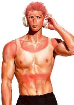 Rule 34 | 1boy, absurdres, black shorts, headphones, heat stroke photoshoot (meme), highres, k05062688, looking at viewer, male focus, navel, nipples, parted lips, red hair, sakuragi hanamichi, short hair, shorts, simple background, slam dunk (series), solo, toned, toned male, topless male, white background
