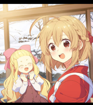 2girls :d ^_^ blonde_hair blush bow brown_eyes brown_vest character_request closed_eyes collared_shirt commentary_request double-parted_bangs hair_between_eyes hair_bow hana_uta_memoire hands_up ichinose_kei japanese_clothes juliet_sleeves kimono long_hair long_sleeves looking_at_viewer multiple_girls open_mouth pink_bow puffy_sleeves red_kimono sasaki_ume shirt short_hair smile thick_eyebrows upper_body vest white_shirt window
