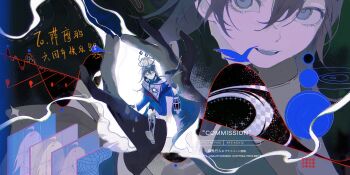 1girl absurdres bird birdcage black_bird black_gloves blue_bird blue_eyes brown_hair cage commission eyelashes gloves hai_yexing_ren hair_between_eyes hair_ornament highres holding holding_cage looking_at_viewer medium_hair mihuashi_commission multiple_views open_mouth original teeth tongue upper_teeth_only watermark