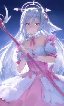 1girl absurdres bare_shoulders blue_archive blue_background breasts cleavage closed_mouth gradient_background hair_between_eyes halo highres holding holding_staff long_hair looking_at_viewer magical_girl medium_breasts meinoss mole mole_under_eye official_alternate_costume orange_eyes pink_halo pink_skirt skirt solo staff suzumi_(blue_archive) suzumi_(magical)_(blue_archive) white_hair wrist_cuffs