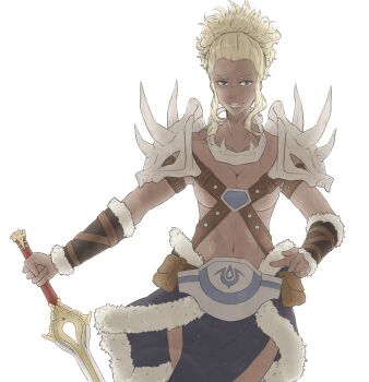 1girl abs animal_skull belt_bra blonde_hair bracer breasts cleavage dark_skin falchion_(fire_emblem) fire_emblem fire_emblem_awakening flavia_(fire_emblem) highres lithety nintendo pouch reverse_grip sword weapon