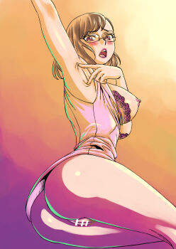 1girl armpits ass bar_censor bottomless bra bra_pull breasts breasts_out brown_hair censored cleft_of_venus clothes_pull glasses highres large_breasts lips lipstick looking_at_viewer makeup matsuda_shin nipples open_mouth precure pubic_hair purple_eyes pussy red_lips sakuragawa_saki shirt sideboob simple_background sleeveless sleeveless_shirt solo spread_armpit teacher teeth tropical-rouge!_precure underwear upper_teeth_only