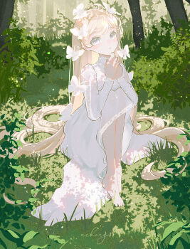 1girl absurdres barefoot blonde_hair blush bug butterfly butterfly_on_head commentary_request dappled_sunlight day dress flipped_sidelocks forest full_body grass grey_eyes head_tilt highres insect light_particles long_hair long_skirt long_sleeves looking_at_viewer nature nekory original outdoors own_hands_together parted_lips scenery see-through_clothes see-through_sleeves signature skirt solo sunlight swept_bangs tree tree_shade very_long_hair white_dress