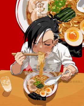 1girl black_hair blush chopsticks closed_eyes commentary_request ear_piercing food highres iwado_anna kamezaemon multicolored_hair noodles original piercing short_hair solo steam streaked_hair table