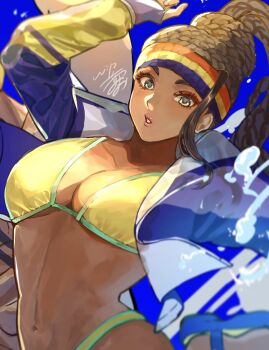 1girl bandaid bikini blue_jacket breasts collarbone commentary cropped_jacket dark-skinned_female dark_skin dreadlocks headband highres jacket kimberly_jackson long_hair looking_at_viewer makeup multicolored_headband navel official_alternate_costume parted_lips signature solo street_fighter street_fighter_6 swimsuit takai_misa yellow_bikini