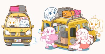 4girls ahoge blob blush bocchi_the_rock! cable_tie car chibi closed_eyes closed_mouth commentary_request driving flying_sweatdrops gotoh_hitori guitar_case hanomido high_side_ponytail highres ijichi_nijika instrument_case kita_ikuyo license_plate looking_at_viewer motor_vehicle multiple_girls nani_ga_warui official_style one_side_up open_mouth red_skirt renault renault_kangoo shoshinsha_mark skirt smile steering_wheel sweatdrop white_background yamada_ryo yellow_skirt