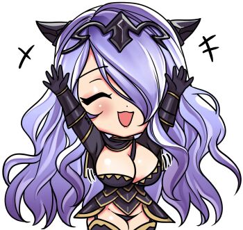 arms_up between_breasts blush breasts camilla_(fire_emblem) chibi cleavage closed_eyes fire_emblem fire_emblem_fates hair_over_one_eye large_breasts long_hair nintendo one_eye_covered purple_hair simple_background snazzypumpkin strap_between_breasts tiara wavy_hair