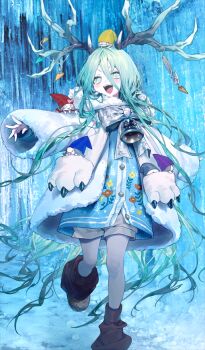 1girl :d antlers aqua_eyes aqua_hair bell blue_sweater blue_theme boots bow brown_boots bukurote coat commentary_request fate/grand_order fate_(series) fur_coat game_cg hair_between_eyes hood hood_down hooded_coat horns icicle long_hair long_hair_between_eyes long_sleeves looking_at_viewer louhi_(fate) louhi_(over_the_same_sky)_(fate) official_art open_mouth pantyhose pantyhose_under_shorts photo_background sharp_teeth shorts smile solo standing standing_on_one_leg sweater teeth third-party_source tonttu_(fate) very_long_hair white_pantyhose white_shorts